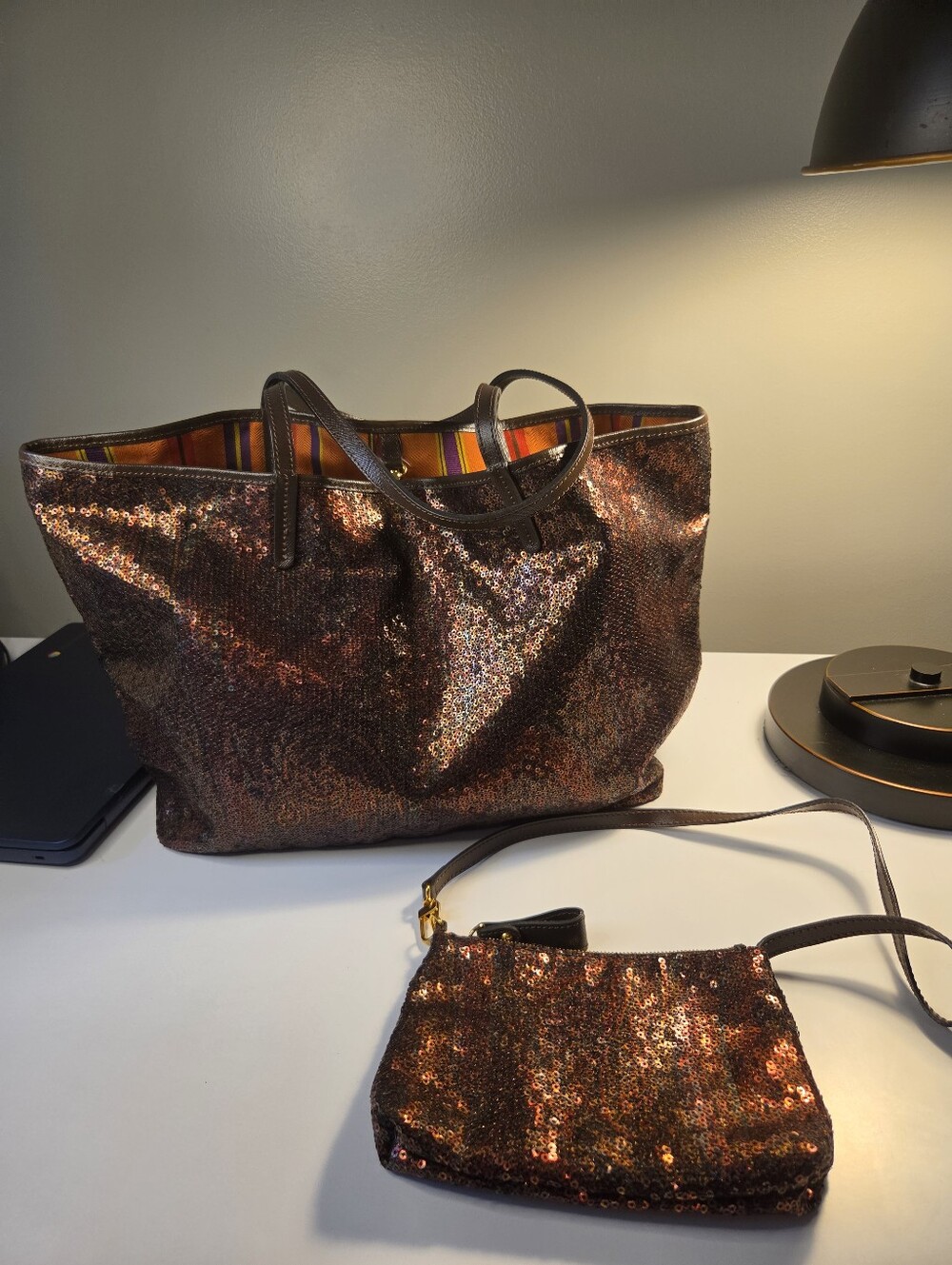 Etro Bundle Pre-Owned tote features a striking satin body covered in bronze